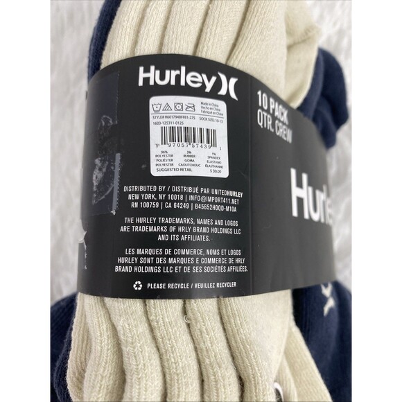 Hurley Quarter Crew Socks Sport Mens Designer Cushioned 10 Pack Navy Beige White - Picture 4 of 10